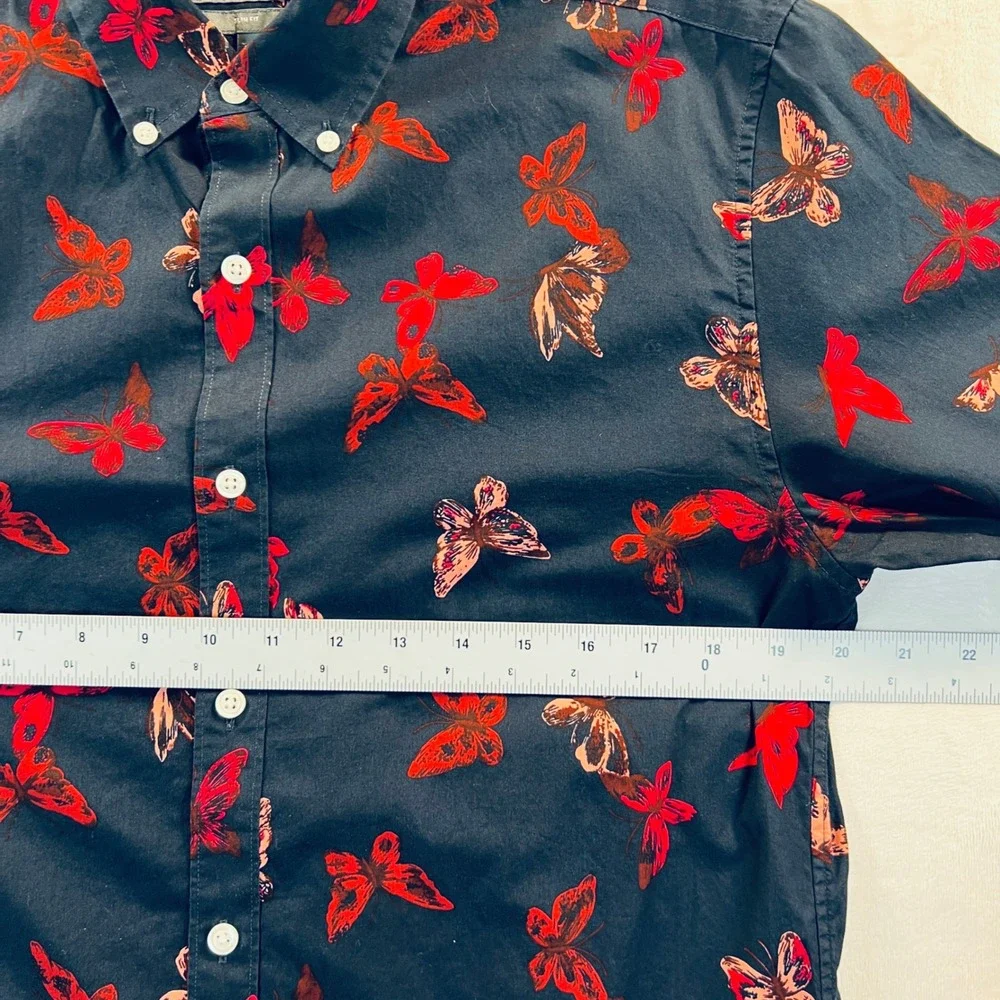 Bonobos Mens Slim Fit Butterfly Print Button Down Shirt Navy Red Size M